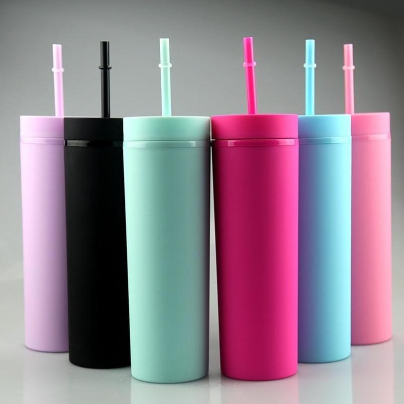 

16oz Matte cup tumbler skinny plastic acrylic tumbler with Lid straw 500ml coffee drinking double wall black matte skinny plastic cup
