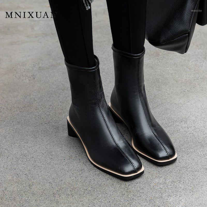 

MNIXUAN Handmade fashion ankle boots for women 2020 autumn winter new PU square toe block heels brown ladies shoes big size34-431, Beige