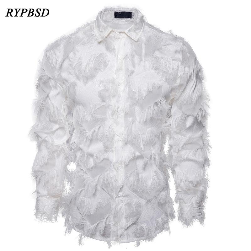 

Men' Dress Shirts Sexy Feather Lace Shirt Men 2021 Fashion Floral Long Sleeve Party Nightclub Transparent Gothic Stage Costume, Black