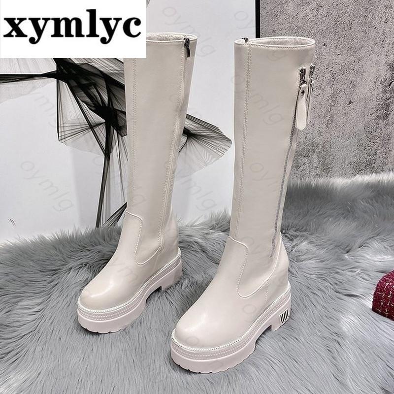 

2021 Winter Warm Knee High Boots Women Fashion Square Heel Long Boot Female Side Zip Leather Height Increasing Botas Black Beige