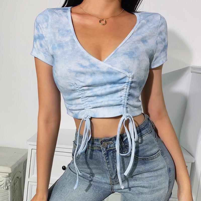 

Women's T-Shirt Women Top Summer Tee Tie Dyeing Pattern Short Sleeve Outfit Slim Crop Drawing Straps Deep V-Neck Wild Fashion Sexy Tunic T S, White