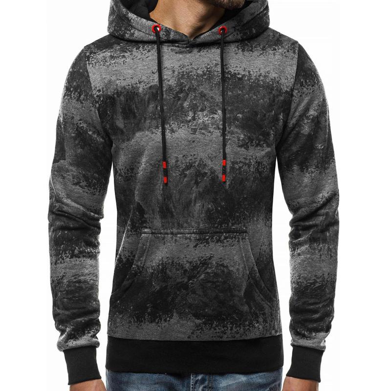

New Fashion Men Fall Winter Hoodies Outfits Hipster Long Sleeve Color Block Tie Dye Printed Hooded Pullover Sweatshirt, Dark grey