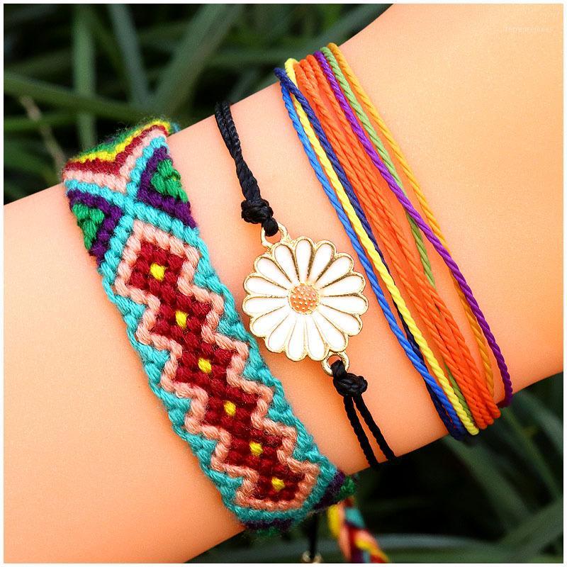 

Charm Bracelets 3Pcs Bohemian Ethnic Hand-Woven Friendship Bracelet Adjustable String Sun Flower Wrist Jewelry Handmade Weave Wrap1