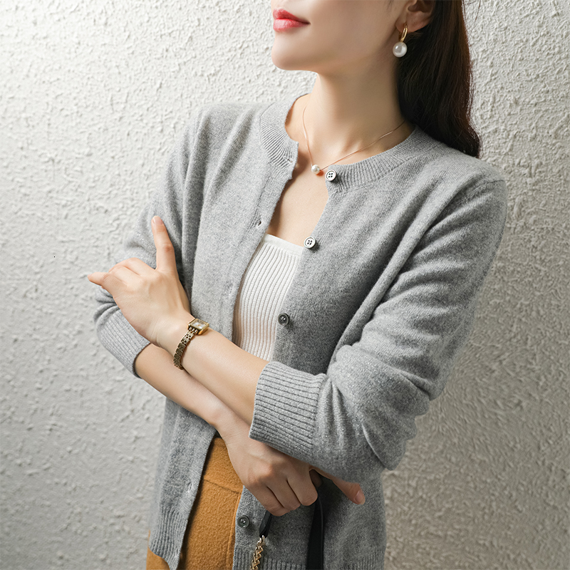

2021 New Arrival Women Sweaters 100% Knitting O-neck Jackets Hot Sale 3colors Female Soft Pure Wool Knit-cardigan M9et, Gray