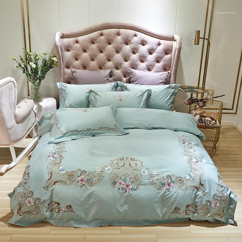 

American pastoral Style Flowers Embroidery 100S Satin Egyptian Cotton Bedding Set Duvet Cover Bed Linen Fitted Sheet Pillowcases1