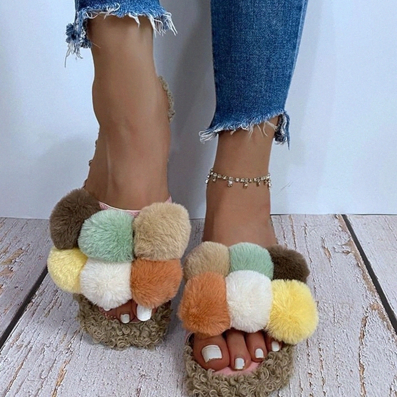 

Winter Women Short Plush Slippers Female Keep Warm Fashion Flat Ladies Comfortable Open Toe Shoes Women's Plus Size Footwear #UY9C, Black