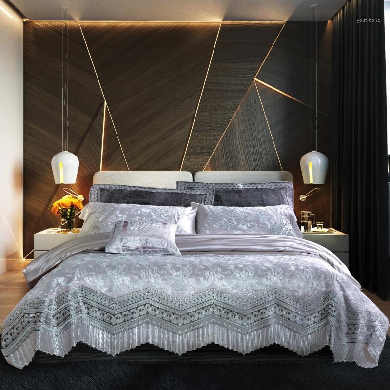 

1/4/6 pcs Jacquard gray Comforter Bedding Sets satin Super King Bed Linings lace Duvet Cover Bed Sheet Pillowcases Cover Set1, As pic