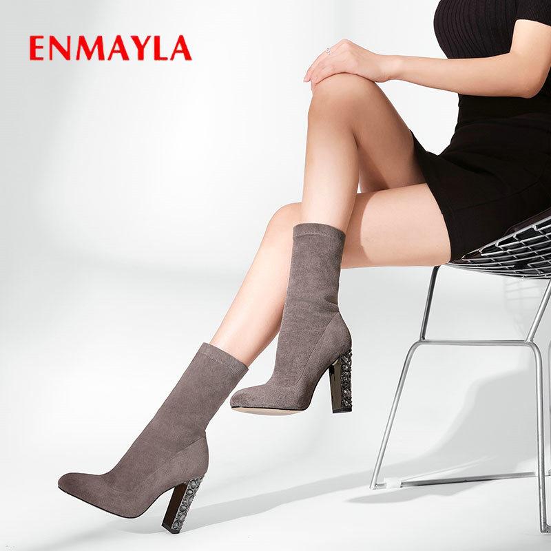 

ENMAYLA 2020 Women Winter Boots Basic Slip-On Round Toe Elegant Ankle Boots for Women Faux Suede Slim Square Heel 34-41, Black