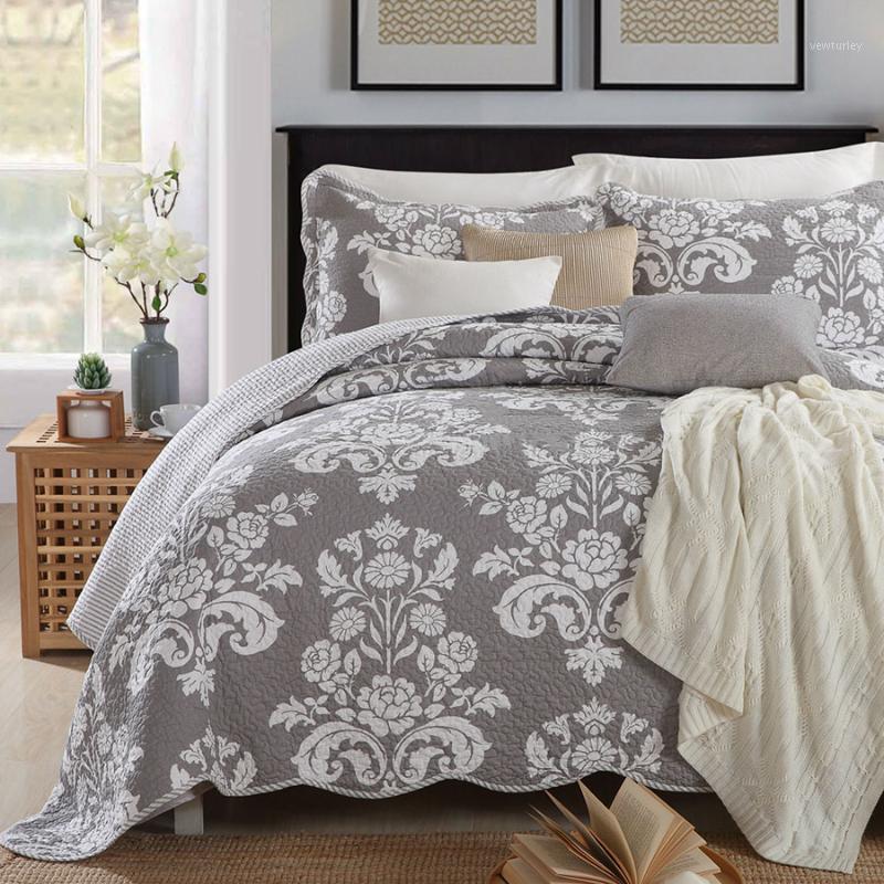 

Quality Grey Printed Quilt Set 3PCS bedding Wash Cotton Quilts Aircondition Bedspread for Bed Covers  Size Coverlet Blanket1, Gray