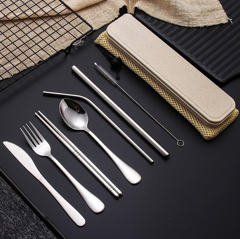 

Stainless Steel Flatware Set Portable Cutlery Set Travel Picnic Dinnerware Set Metal Straw With Box And Bag Kitchen Utensil sea shipping EWB3199