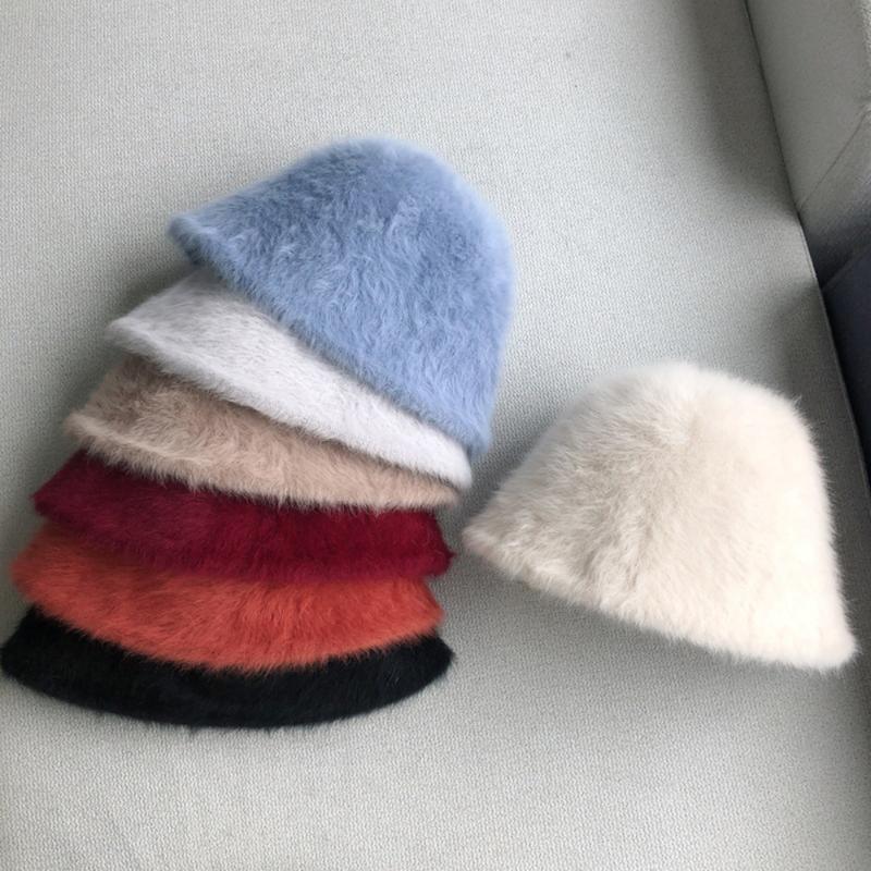

Hat Winter Women's Fashion Candy Solid Color Fur Hat Bucket Cap Fisherman's Retro Knitted Wool Basin Bucket 2021