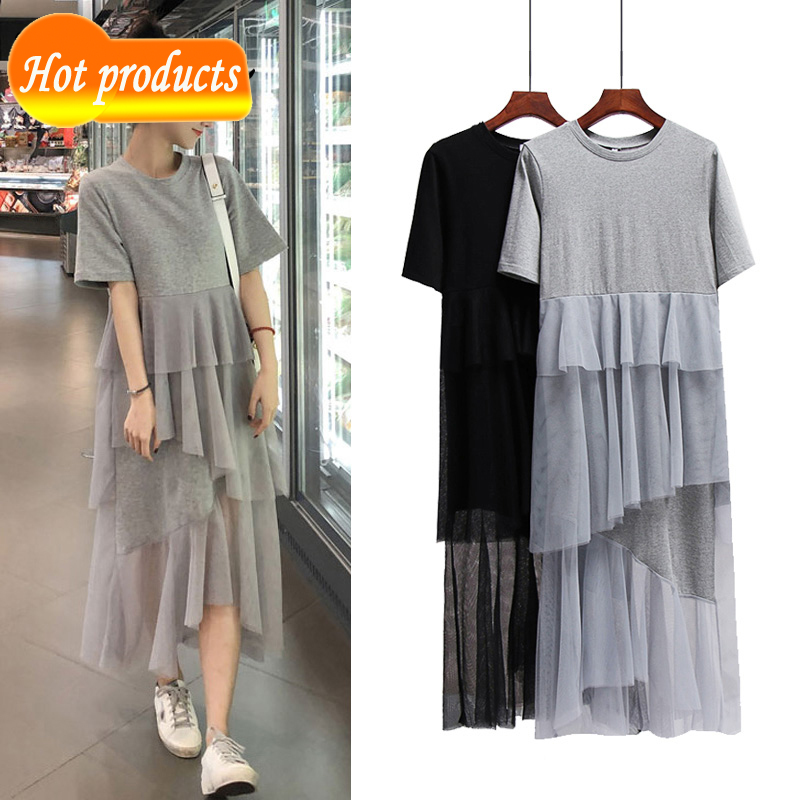 

manga curta camisa babados rendas malha retalhos feminino o-pescoo solto casual longo high street vestido YR74, Gray