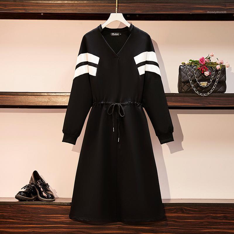 

5XL Plus Size 2021 Autumn Korean Style Women's V Neck Long Sleeves Drawstring Casual Dress Female Oversize Dresses S1471, As pic
