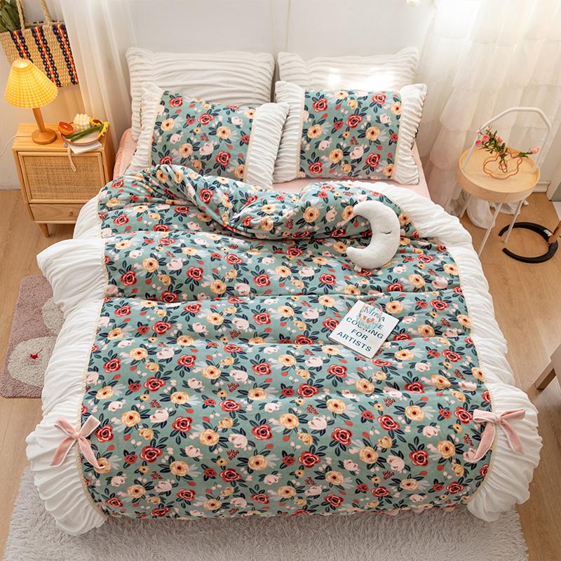 

Warm Coral Velvet Bedding Set Flower Bow-knot Style Duvet Cover Bed Skirt Pillowcase Set Winter Comfortable Bedclothes Bed, Model 1