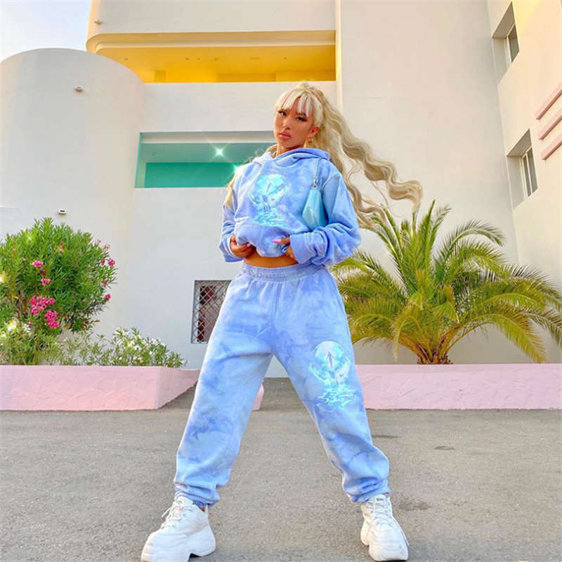 

Autumn And Winter New European And American Style Women' Printing Tie-dye Hoodie Casual Pants Two Pieces Set Baby Blue Size -L