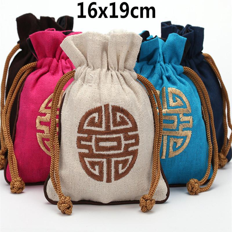 

16x19cm 10pcs Embroidery Lucky Large Drawstring Christmas Gift Bags Chinese style Cotton Linen Pouches Wedding Party Favor