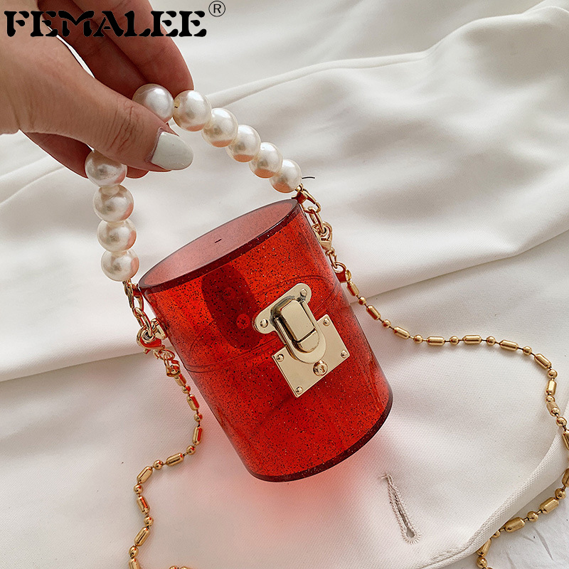 

Luxury Mini Pearl chains Clear Handbags female ins Bling fashion transparent Bucket bag Small Lock shoulder Crossbody bags Q1208, Blue