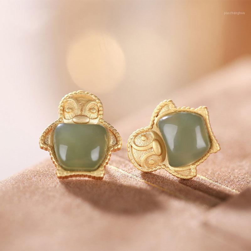 

Stud Silver Inlaid Natural Jasper Penguin Earrings Chinese Style Retro Fresh Cute Romantic Women Christmas Halloween Gift, Golden;silver