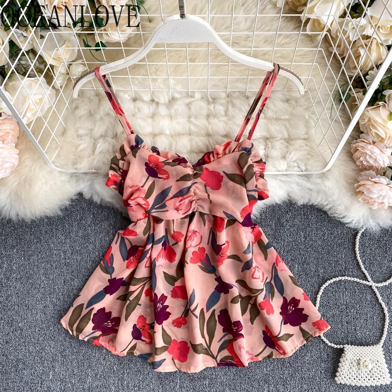 

OCEANLOVE Sweet Chiffon Blusas Holiday Floral Beach Style Fashion Blouses Women Short 2020 Summer Shirts Girls Tops 17081, Apricot red