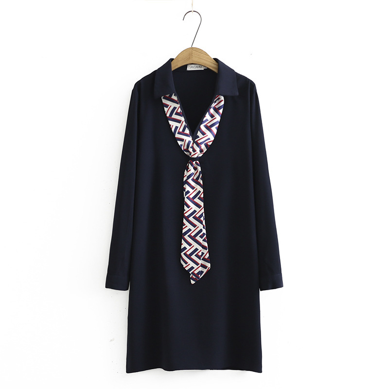 

Xl- Plus Size with Long-sleeve Female Neckline Mini Solid Dress Elegant To-line Feminine Officewear Dresses Lhio, Navy blue