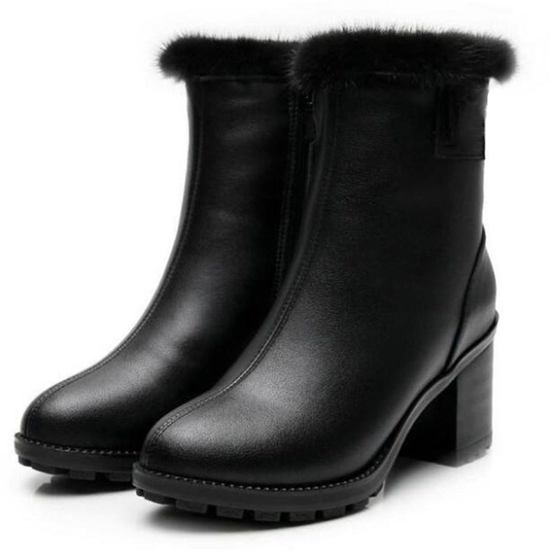 

New Autumn Winter Shoes Woman Boots Real Fur Decoration Cow Leather Boots Fashion High Heeled Plus Velvet Warm Snow, Black autumn boots