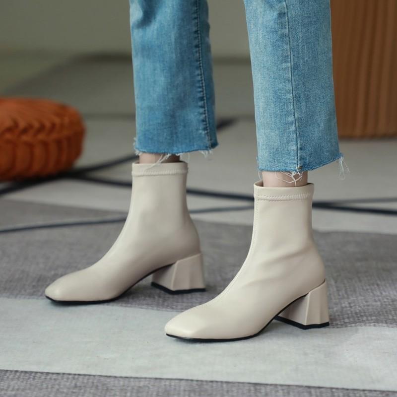 

Elasticity PU Leatehr Short Combat Boots Chunky Middle Heel Square Toe Spring Women Slip-On Boots Ankle for Women, Black