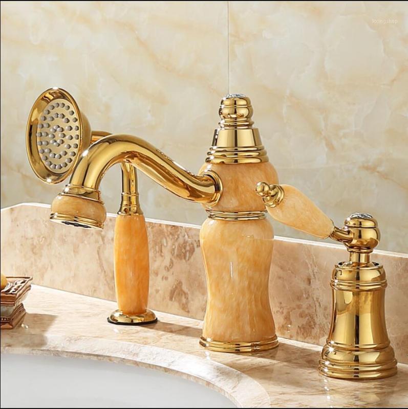 

Vidric Bathtub Faucet Brass Gold Deck Bathroom Sink Set 3 PCS And Jade Handheld Shower Washroom Basin Mixer Tap1 Faucets