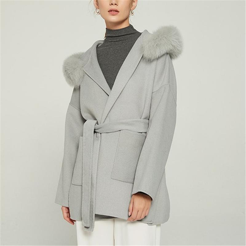 

2020 Real Fur Collar Coat Winter Jacket Women Loose Fluffy Cashmere Wool Blends Outerwear Streetwear Oversize, Beige