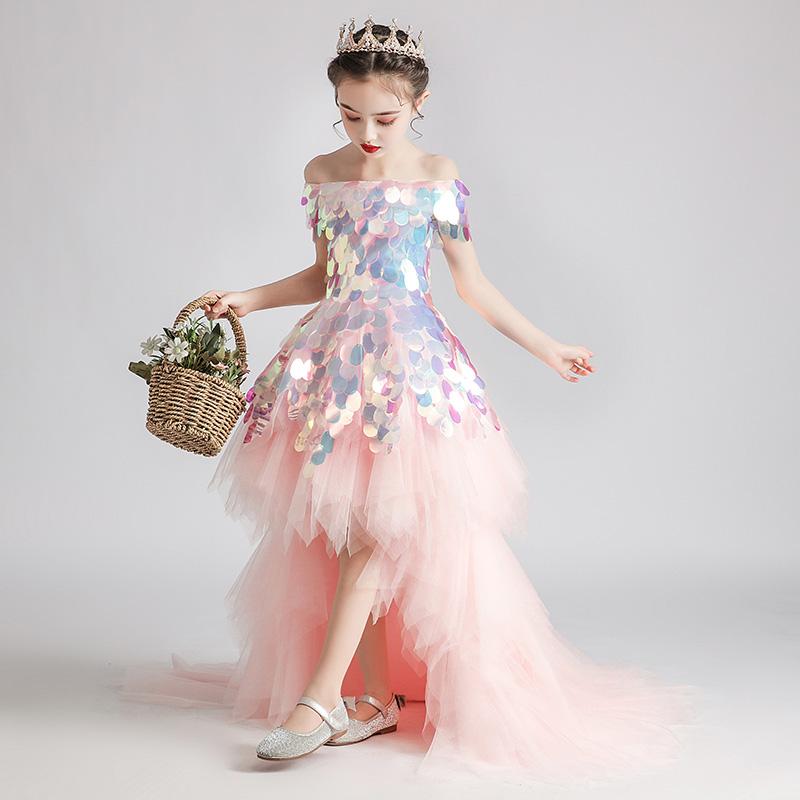

Flower Girls Dresses Ball Gown Boat Neck Sequined Lace Tulle Off The Shoulder Short Luxury Pink Princess Kids Party Dress D161, Pink train