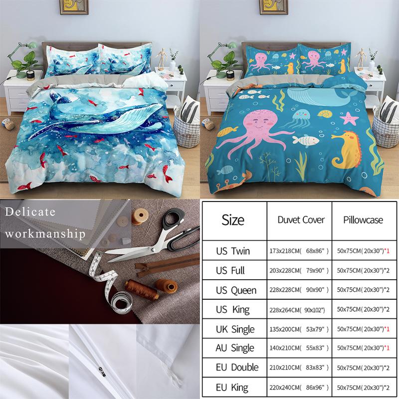 

Deep Sea Blue Whale 3D Bedding Set Soft Duvet Cover Fitted/Bed Sheet Family Set  Queen King Size Kids Bed 2-3 Piece, Pattren 02