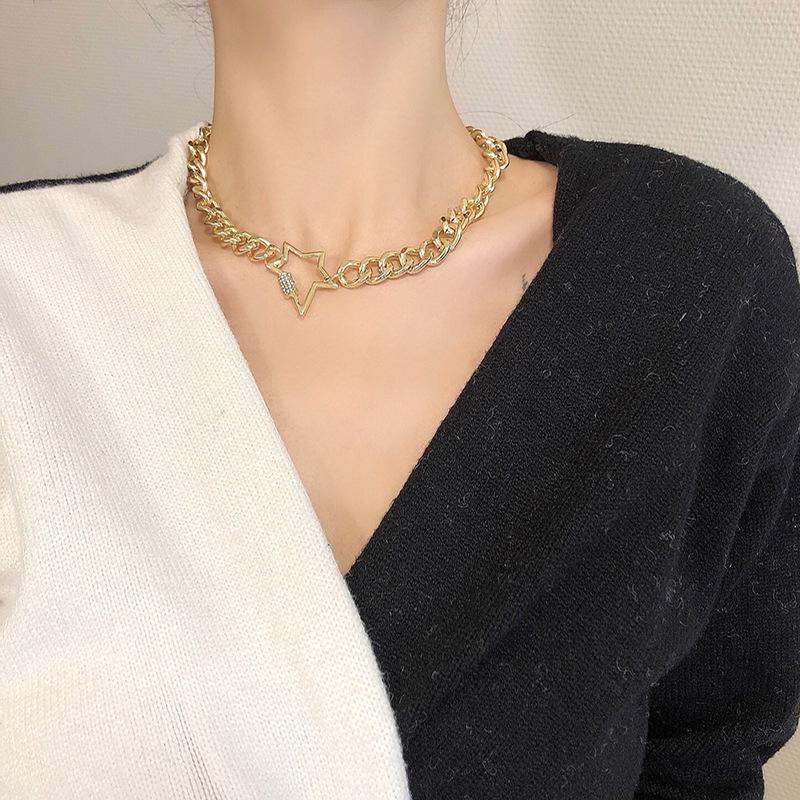 

LOVOACC Rhinestone Star Carabiner Chokers Necklaces Gold Chunky Cuban Link Chain Necklace for Women Screw Lock Clasp Necklace