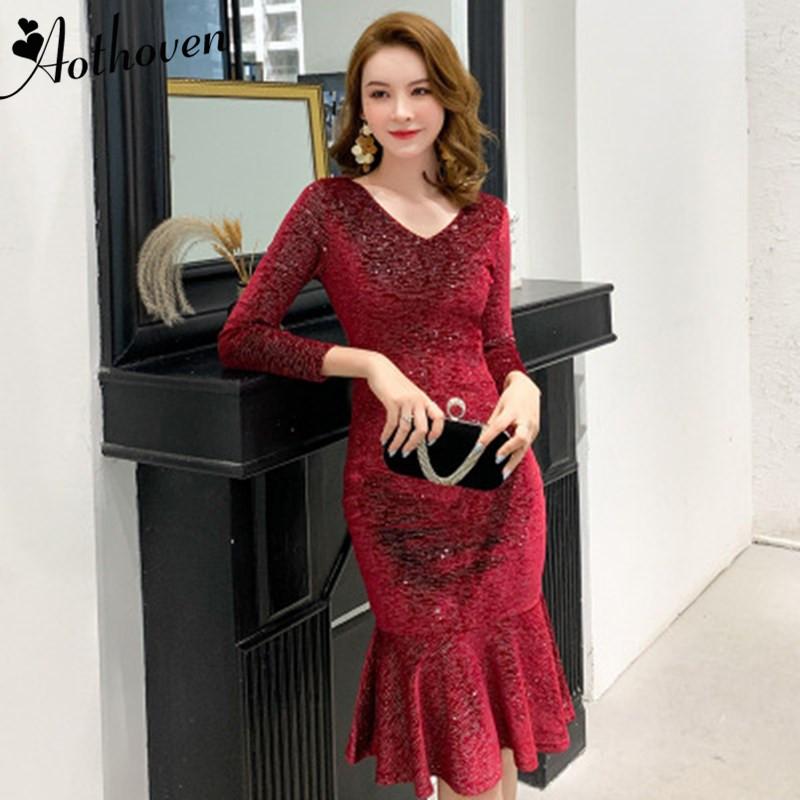 

2021 Spring Sexy Party Bodycon Office Dresses Women Sequined Long Sleeve O Neck Elegant Dresses Vintage Bandage Mermaid Dress, Black