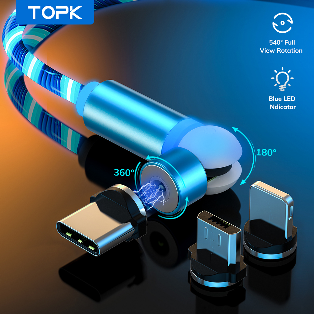 

TOPK 540 Rotate Flowing Light LED Magnetic Cable Micro USB Type C Cable Fast Charging Magnetic Charger Cable for Phone Xiaomi, Only plug no cable