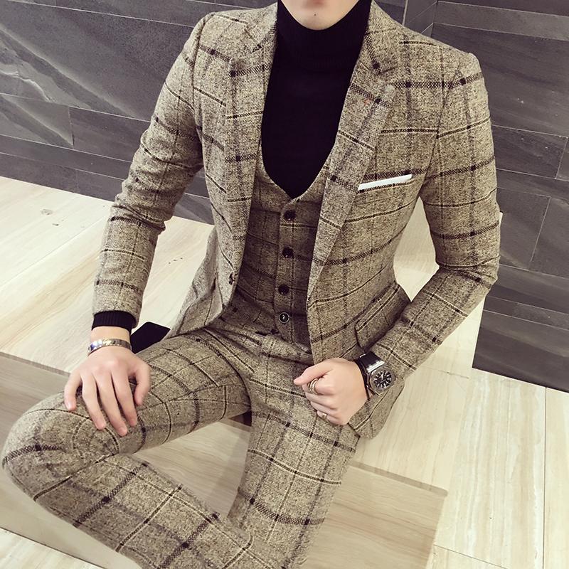 

Plaid men's suit Wool-like fabric suits for men Autumn Winter Hot Quality Slim Fit men suits for Wedding groom suit plus size, Black