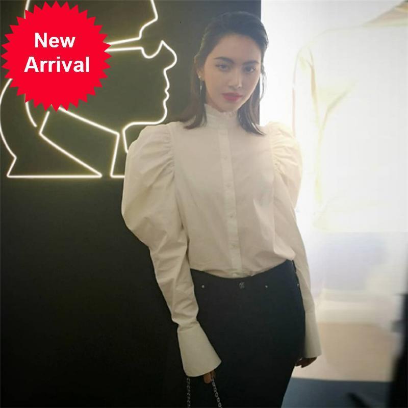 

Design 2021 New Stand-up Neck White Lantern Manga Tide Summer Fashion Elegant Woman Street Party Blouse Clothes SVMX, Beige