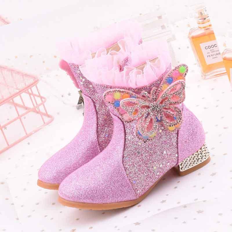 

Girl Princess Ankle Boots Butterfly Lace Designer Bling Shoes Children's Plush Snow Warm Boots PU Leather Boutique Short Botas, Blue