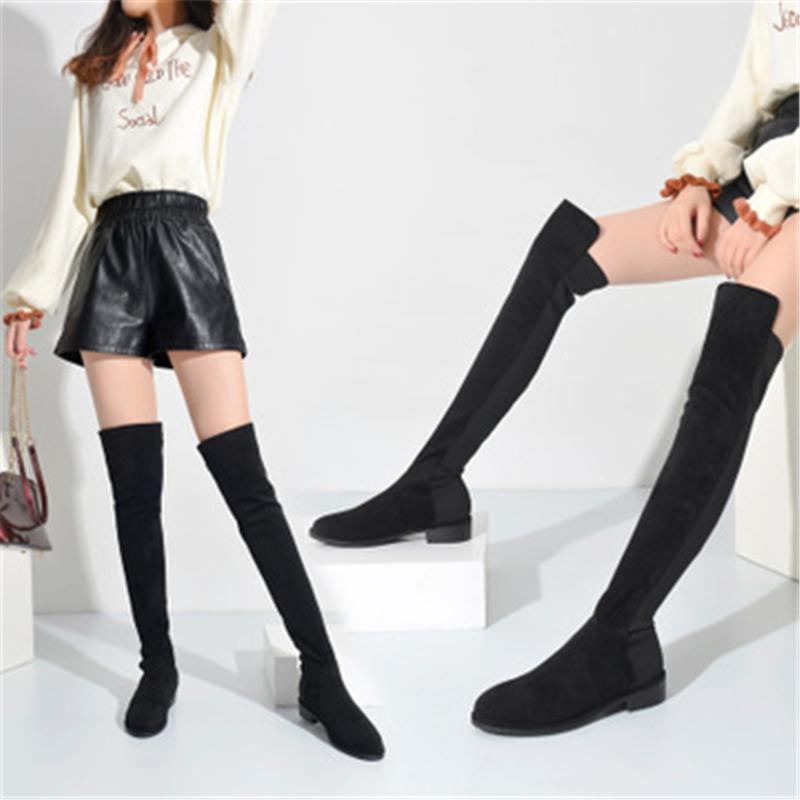 

British style Women Knee-High Long Boots Fashion Suede Flock Breathable Sexy Stretch Boots 02A1, Black