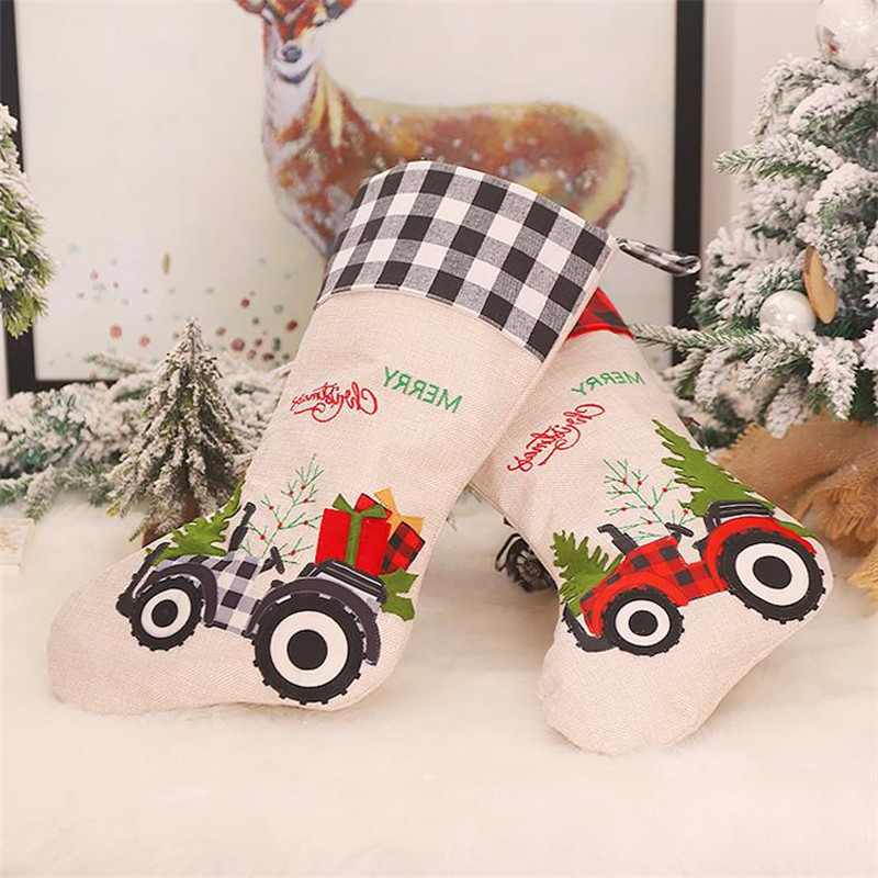 

2 Styles Red Black Lattice Christmas Stocking Creative Cartoon Car Candy Sock Hanging Christmas Tree Decoration Party Pendant Wholesale