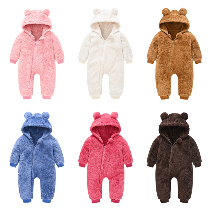 

6 Colors Kids Autumn Winter Cute Wool Jumpsuit Romper Baby Girls Boys One-piece With Ear Designer Hooded Outdoor Climbing Clothes G12702, Rose red