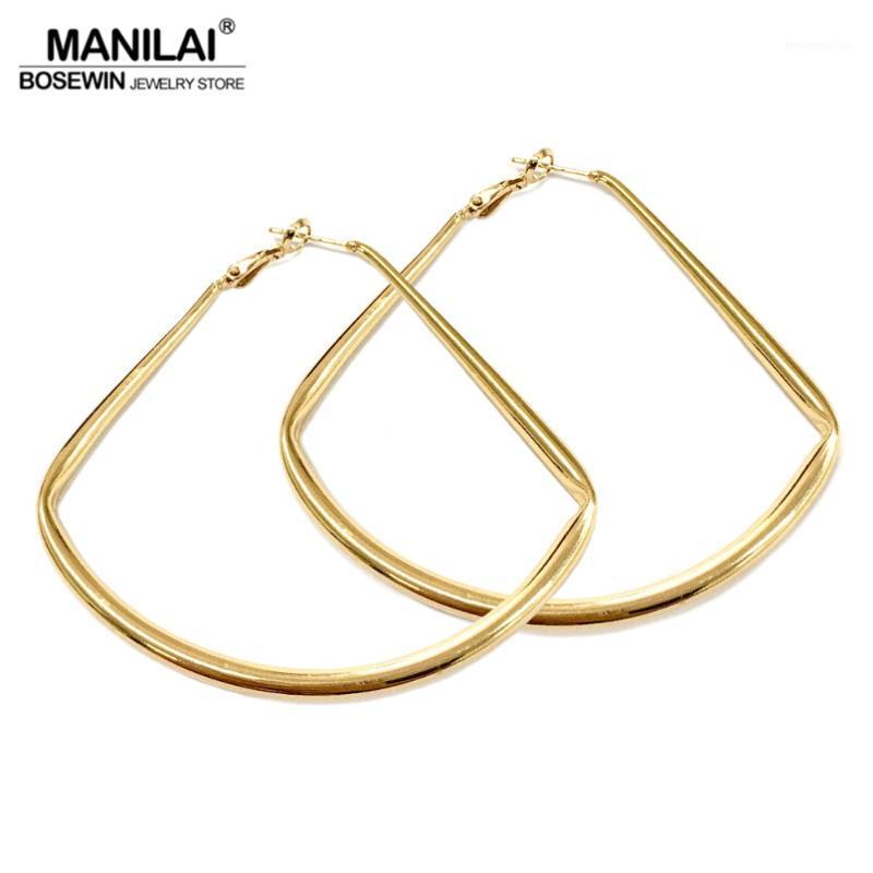 

MANILAI Fan Alloy Hoop Earrings For Women Fashion Jewelry 70mm Punk Metal Statement Earring Golden Silver Color Choice1