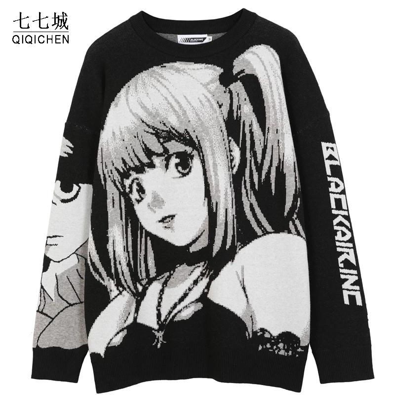

QIQICHEN Anime Girl Knitted Sweater Men Hip Hop Streetwear Sweater Vintage Pullover Women 2020 Autumn Japanese Harajuku Tops, Black