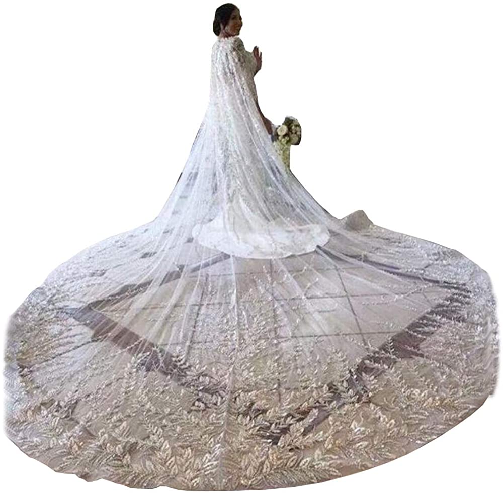 

Portsvy Lace Wedding Capes Cathedral Length Bridal Veil Cloak Long with Beading Lace Appliques, Ivory