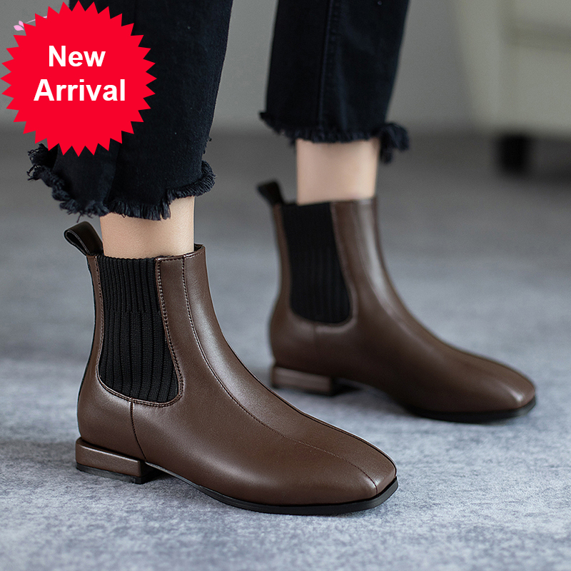 

2021 The New Square Street Style Toe Ankle Fashion Black Knitting Low Heel Thick Motorcycle Boots Women's Size Shoes J3ar, Brown