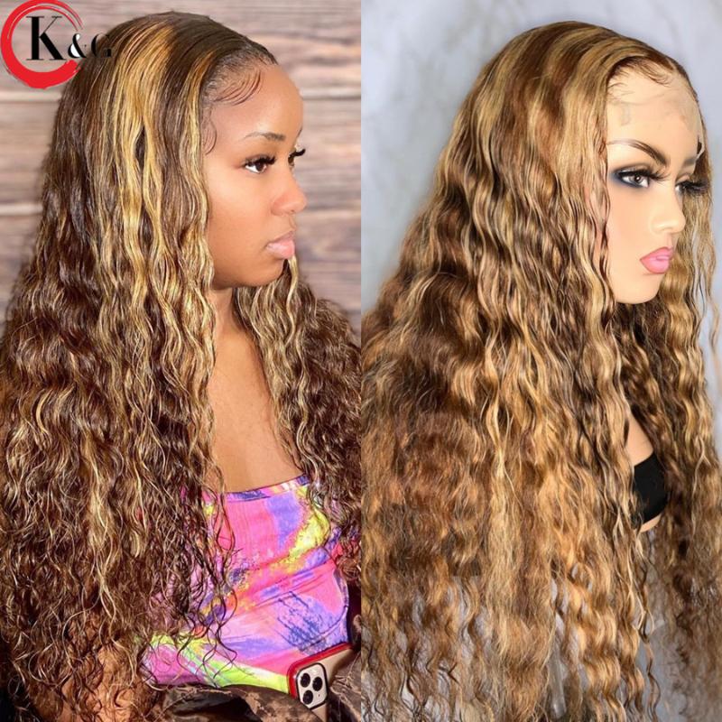 

KUNGANG Highlight T-part Lace Front Human Hair Wigs Curly 150% Density Lace Wigs With Baby Hair Brazilian Middle Ratio Non-Remy, Natural color
