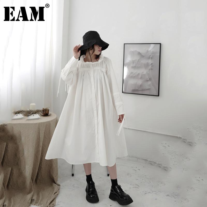 

EAM] Women White Pleated Drawstring Big Size Dress New Stand Collar Long Sleeve Loose Fit Fashion Tide Spring Autumn 2020 1DB14, Black