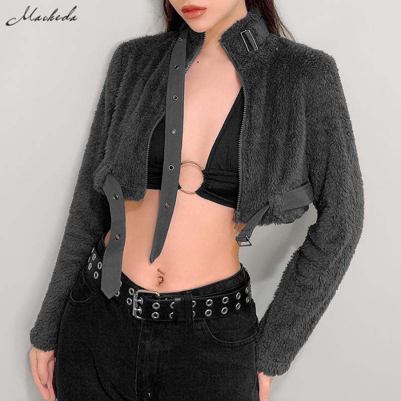 

Macheda Autumn Winter Solid Casual Zipper Coat Women Long Sleeve Turtleneck Clothing Fashion Lady Warm Jacket Top 2021 New, Gray