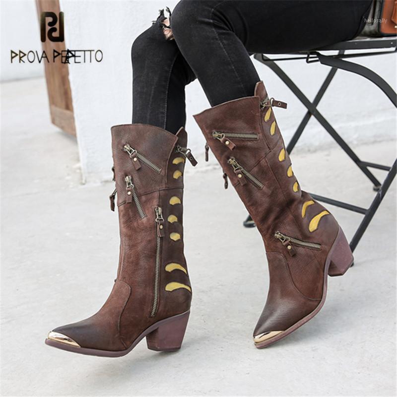 

Prova Perfetto Pointed Toe Women High Boots Chunky High Heel Boot Zipper Decor Botas Mujer Platform Rubber Shoes Riding Boots1, Blue