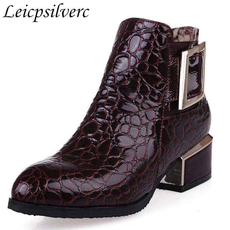 

women boots autumn winter new sexy fashion patent-leather zip pointed toe ankle boot black blue red high-heeled shoe