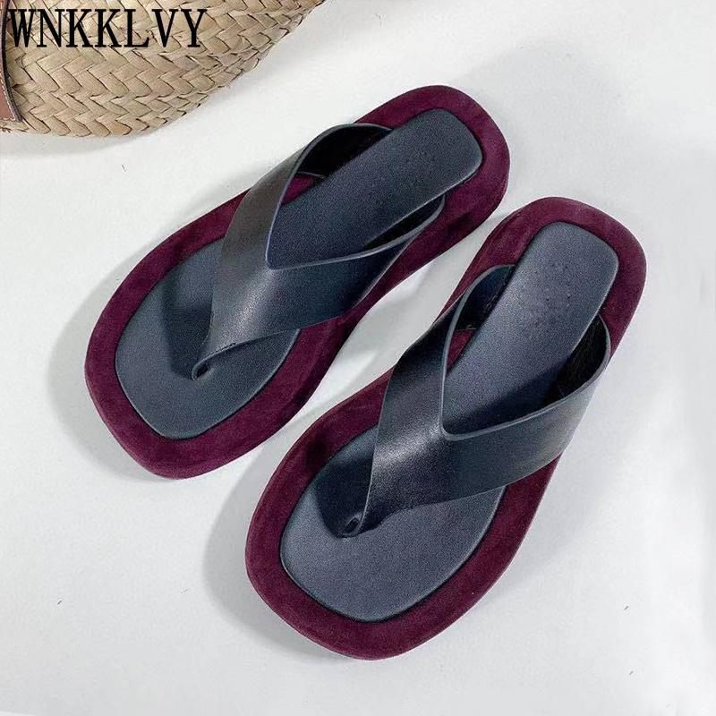 

New Flat Beach Slippers Women Real Leather Split Toe Leisure Sandals Summer Comfort Vacation Shoes Lazy Flip Flops 2021 Female, Black