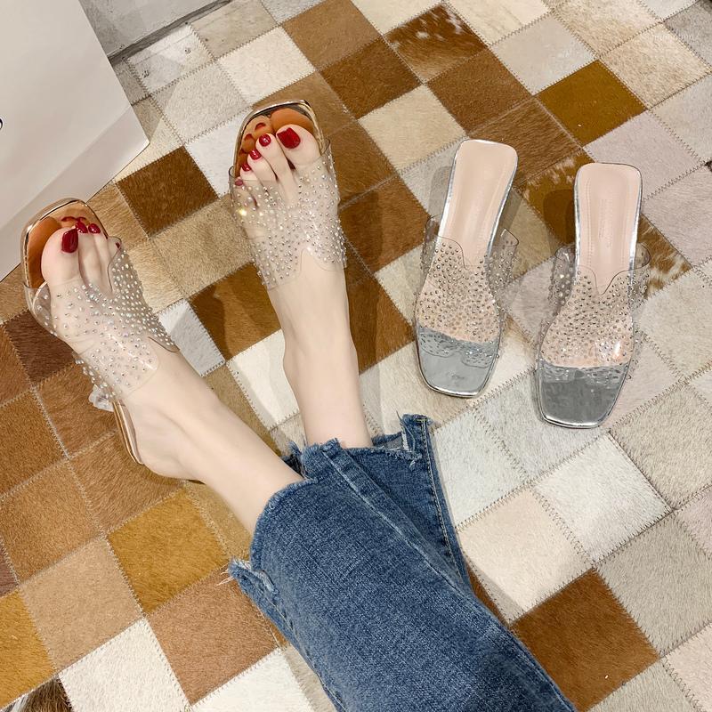 

2020 the new diamond transparent heels female ins net fine with red word peep-toe outside the fashion to wear sandals1, See chart